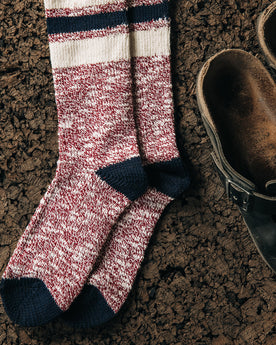 editorial image of The Camp Sock in Heather Burgundy on the ground, Accessories by Taylor Stitch