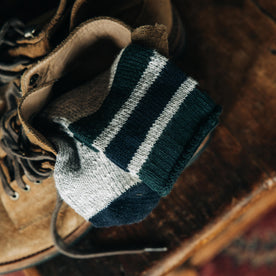 editorial image of The Camp Sock in Heather Grey in a boot
