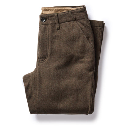 flatlay of The Carnegie Pant in Army Herringbone Wool folded