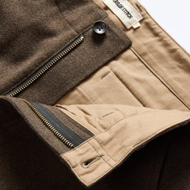 material shot of the fly on The Carnegie Pant in Army Herringbone Wool