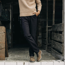 fit model posing in The Carnegie Pant in Espresso Wool