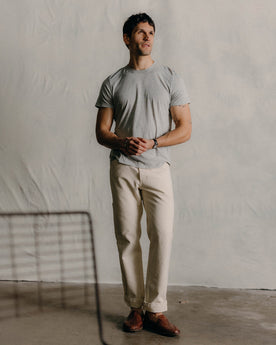 fit model showing off shoulder detail on The Cotton Hemp Tee in Heather Grey, Knits by Taylor Stitch