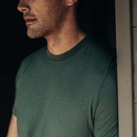 fit model showing off collar detail on The Cotton Hemp Tee in Pine