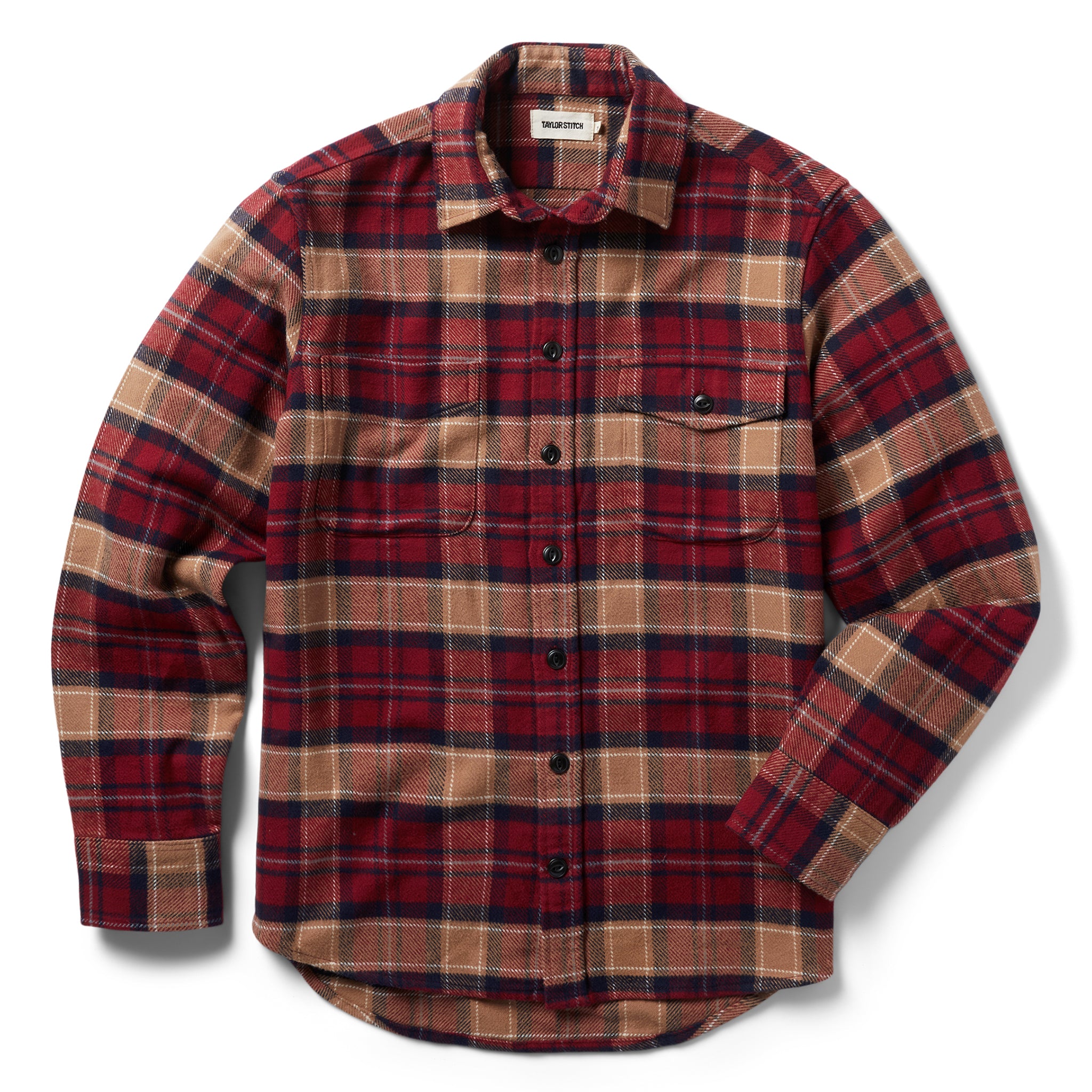 flatlay of The Crater Shirt in Cardinal Check, shown in full, Wovens by Taylor Stitch