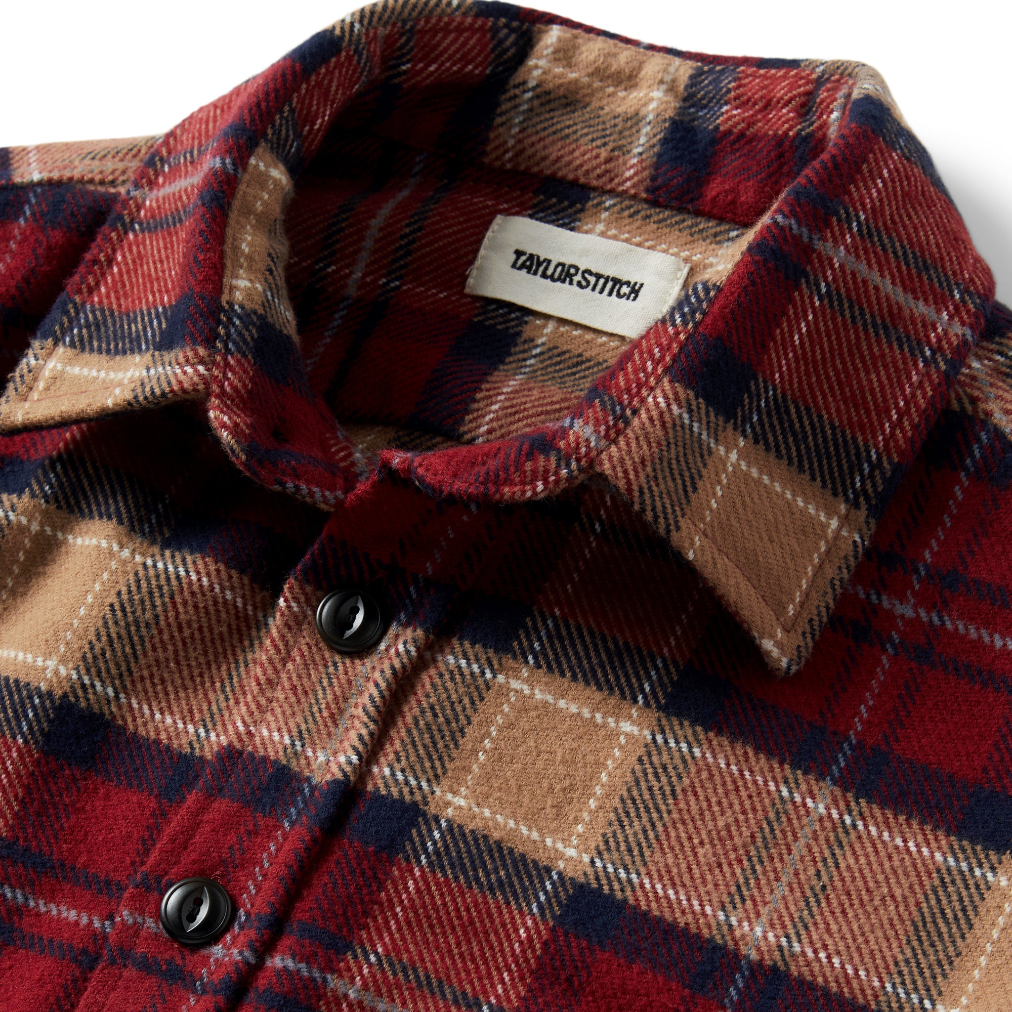 material shot of the collar on The Crater Shirt in Cardinal Check, Wovens by Taylor Stitch