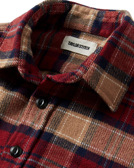 material shot of the collar on The Crater Shirt in Cardinal Check, Wovens by Taylor Stitch