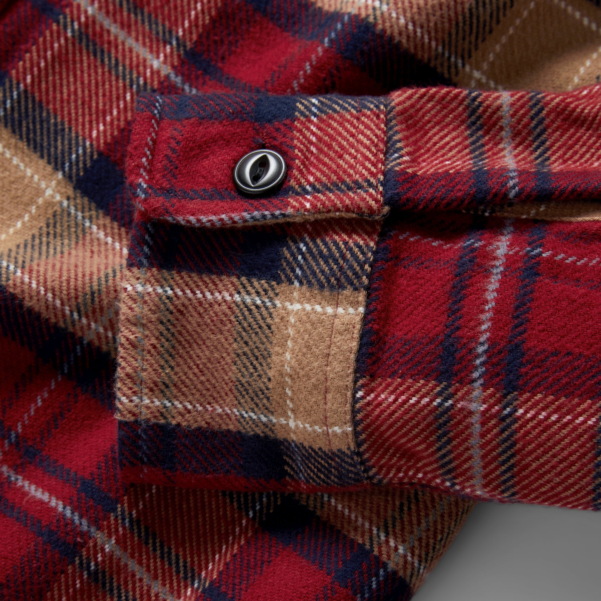 material shot of the cuffs on The Crater Shirt in Cardinal Check, Wovens by Taylor Stitch