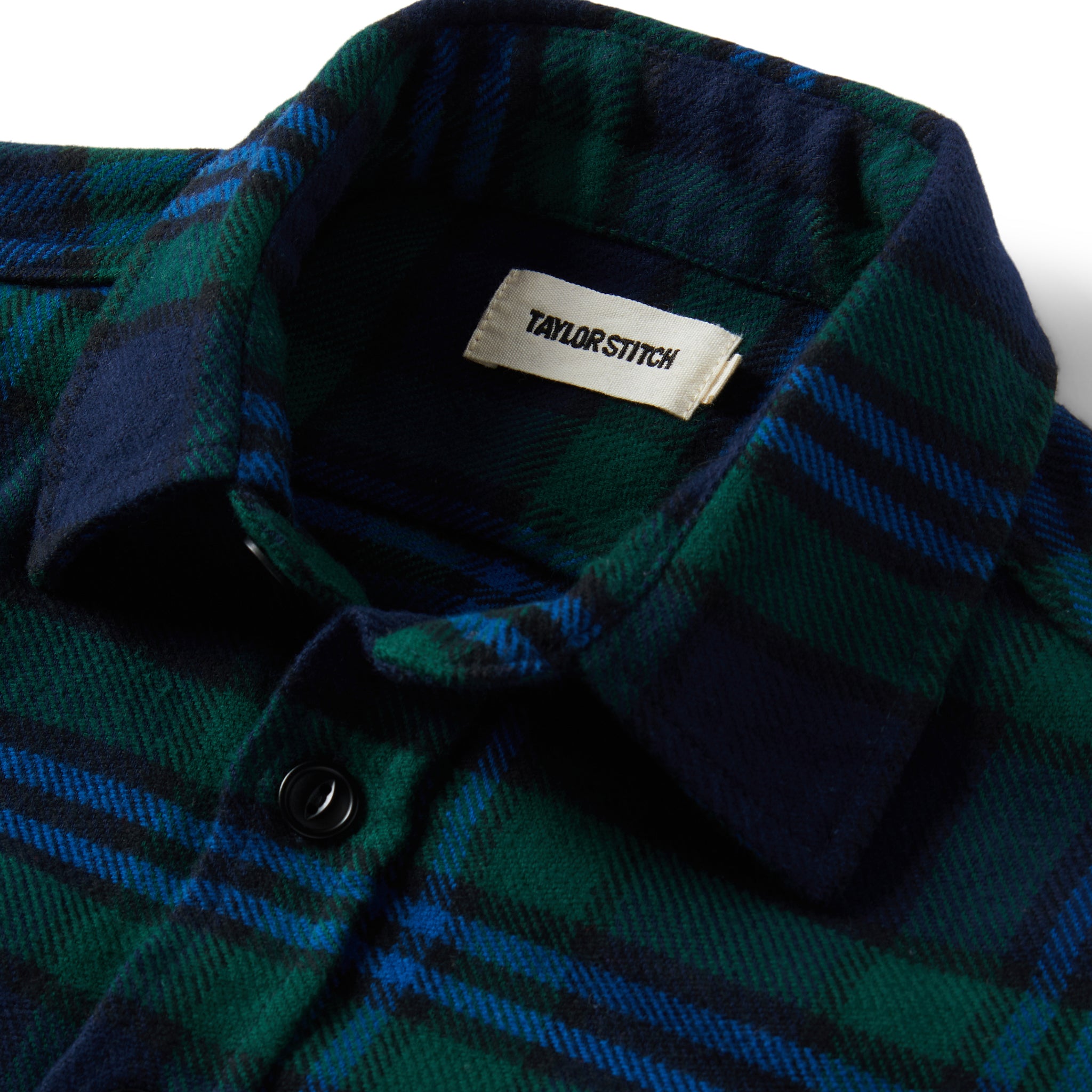 material shot of the collar on The Crater Shirt in Evergreen Check, Wovens by Taylor Stitch