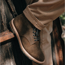 fit model showing the cuffs on The Democratic All Day Pant in Washed Tobacco Selvage