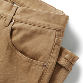 material shot of the front pockets on The Democratic All Day Pant in Washed Tobacco Selvage