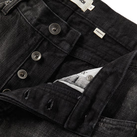 material shot of the button-fly on The Democratic Jean in Black 3-Month Wash Selvage