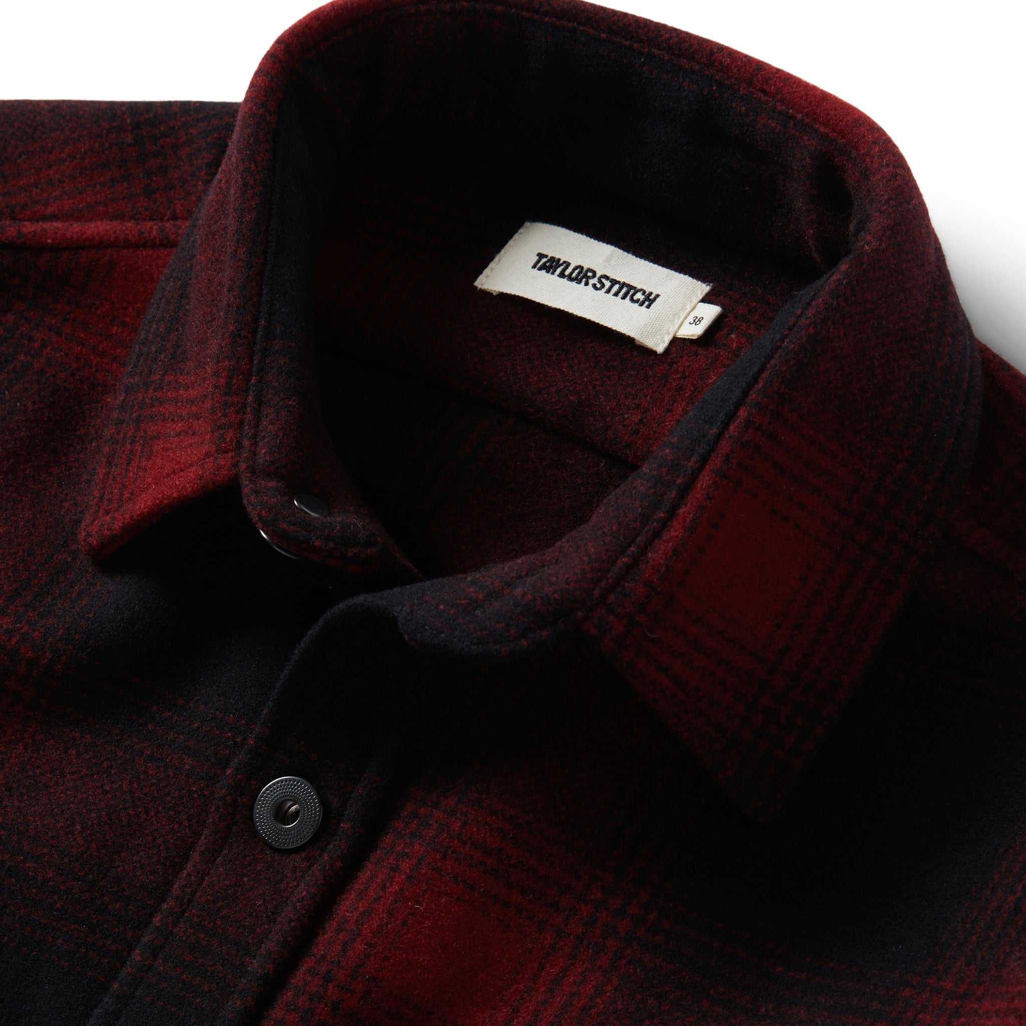material shot of the collar on The Explorer Shirt in Cardinal Plaid, Wovens by Taylor Stitch