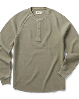 flatlay of The Heavy Bag Waffle Henley in Army, Knits by Taylor Stitch