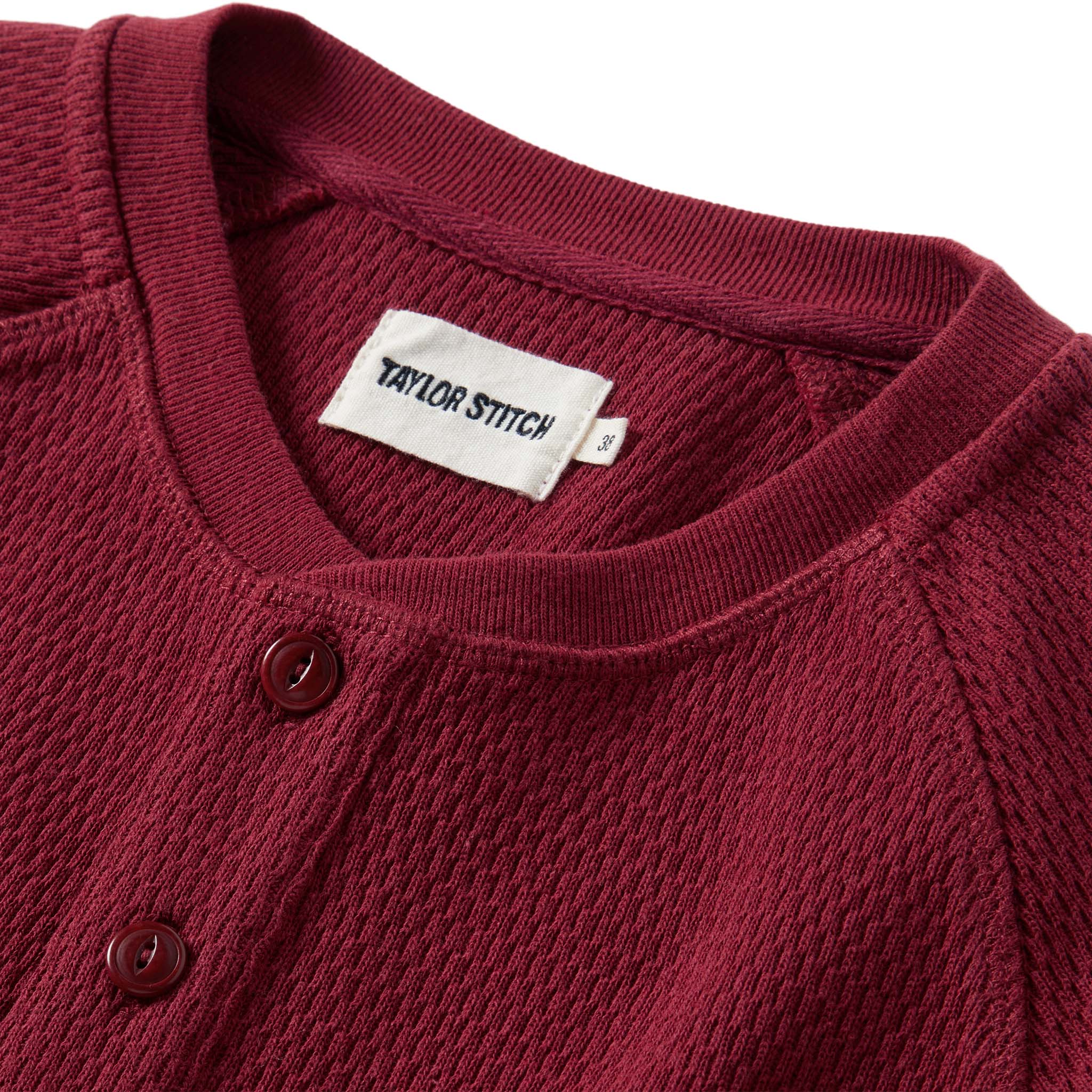 material shot of the collar on The Heavy Bag Waffle Henley in Burgundy, Knits by Taylor Stitch