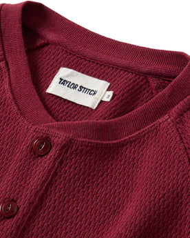 material shot of the collar on The Heavy Bag Waffle Henley in Burgundy, Knits by Taylor Stitch