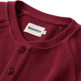 material shot of the collar on The Heavy Bag Waffle Henley in Burgundy