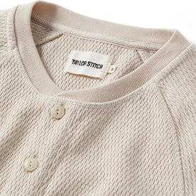 material shot of the collar on The Heavy Bag Waffle Henley in Oatmeal
