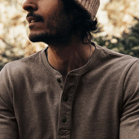 fit model showing close-up of buttons on The Heavy Bag Henley in Walnut