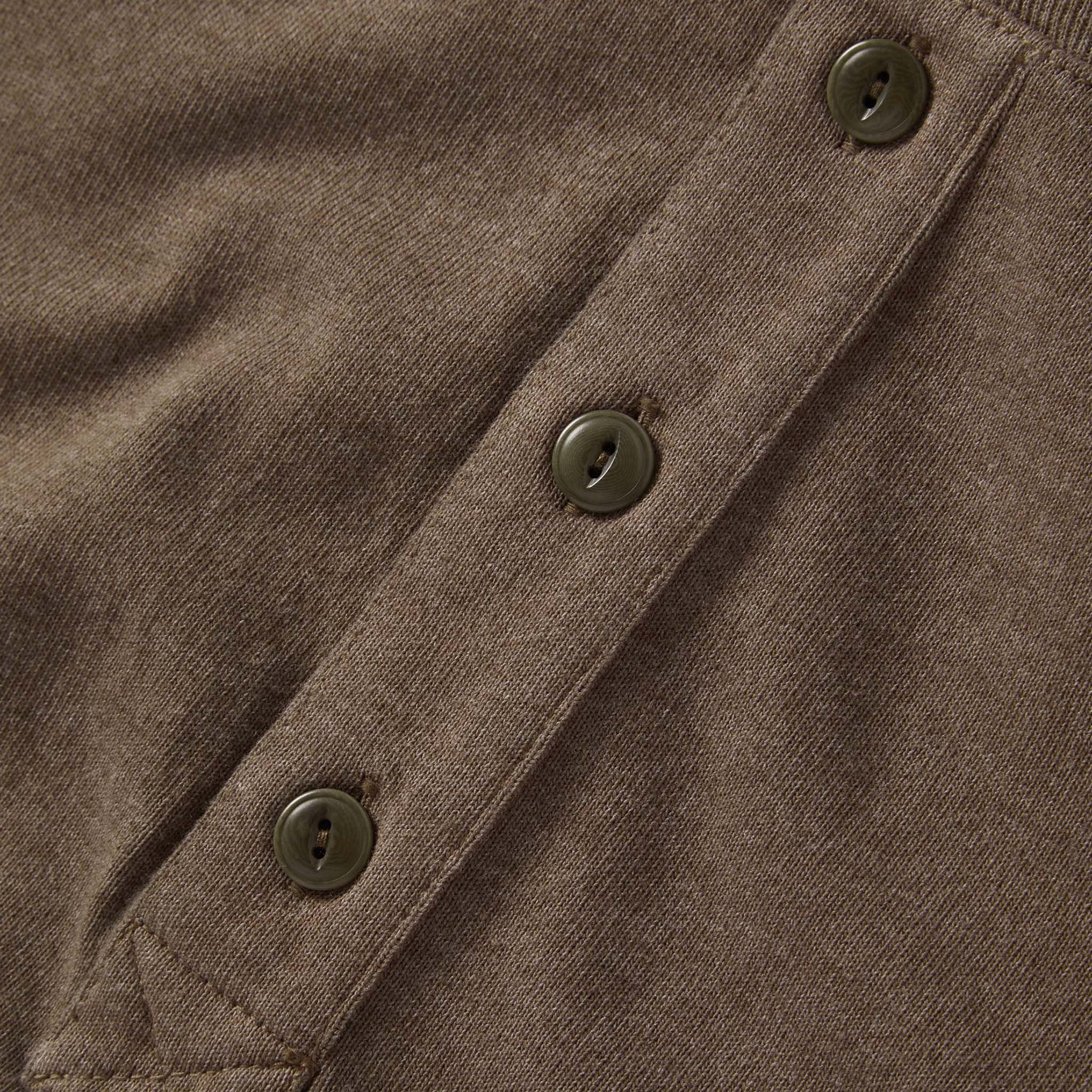 material shot of the buttons on The Heavy Bag Henley in Walnut, Knits by Taylor Stitch