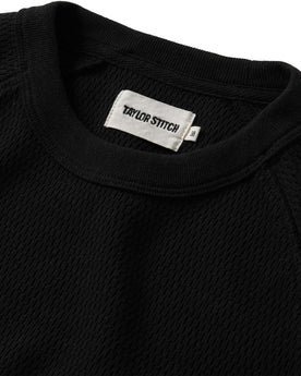 material shot of the collar on The Heavy Bag Waffle Long Sleeve in Coal, Knits by Taylor Stitch