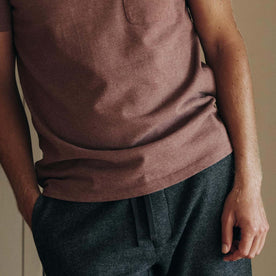 fit model showing bottom detail on The Heavy Bag Tee in Burgundy