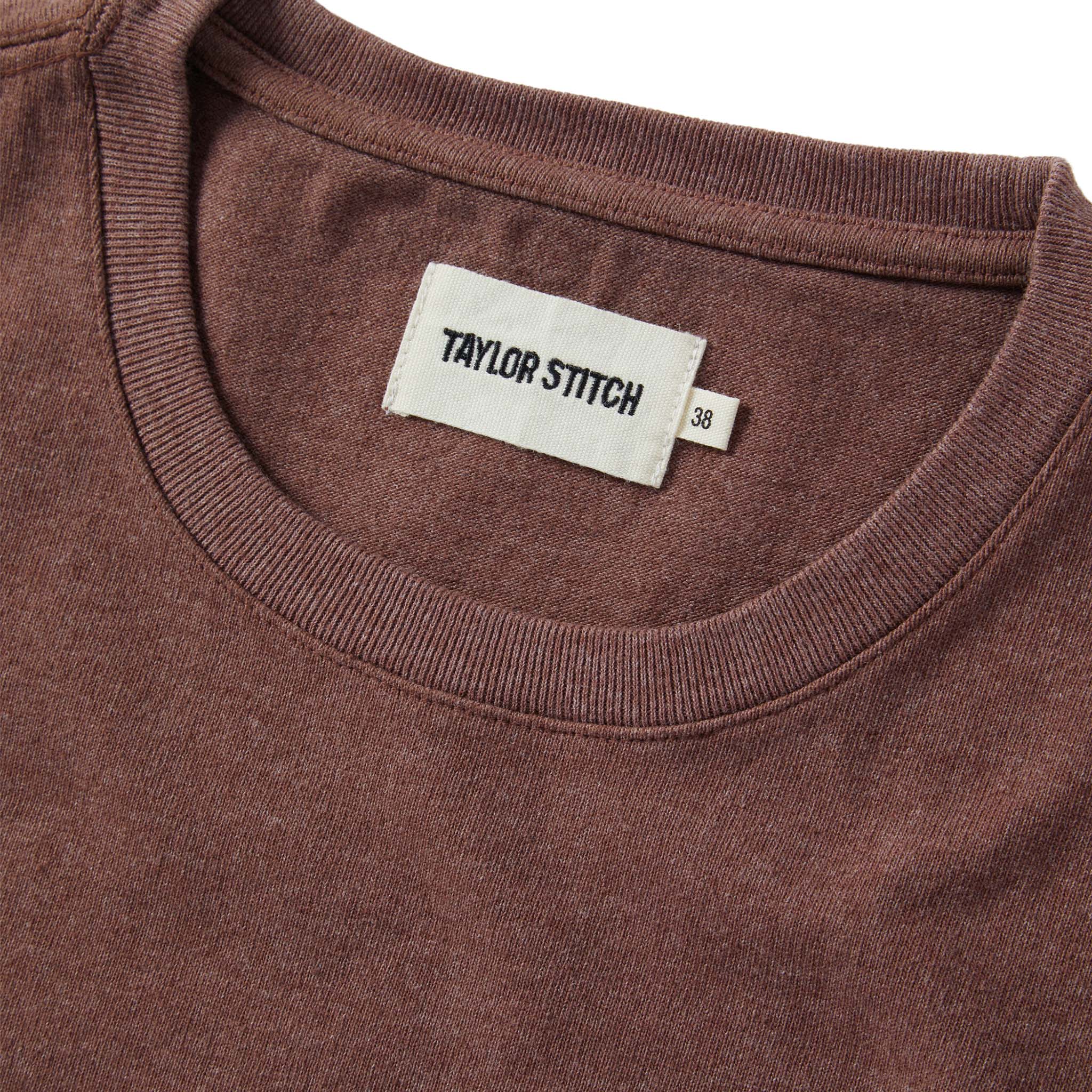 material shot of the collar on The Heavy Bag Tee in Burgundy, Knits by Taylor Stitch
