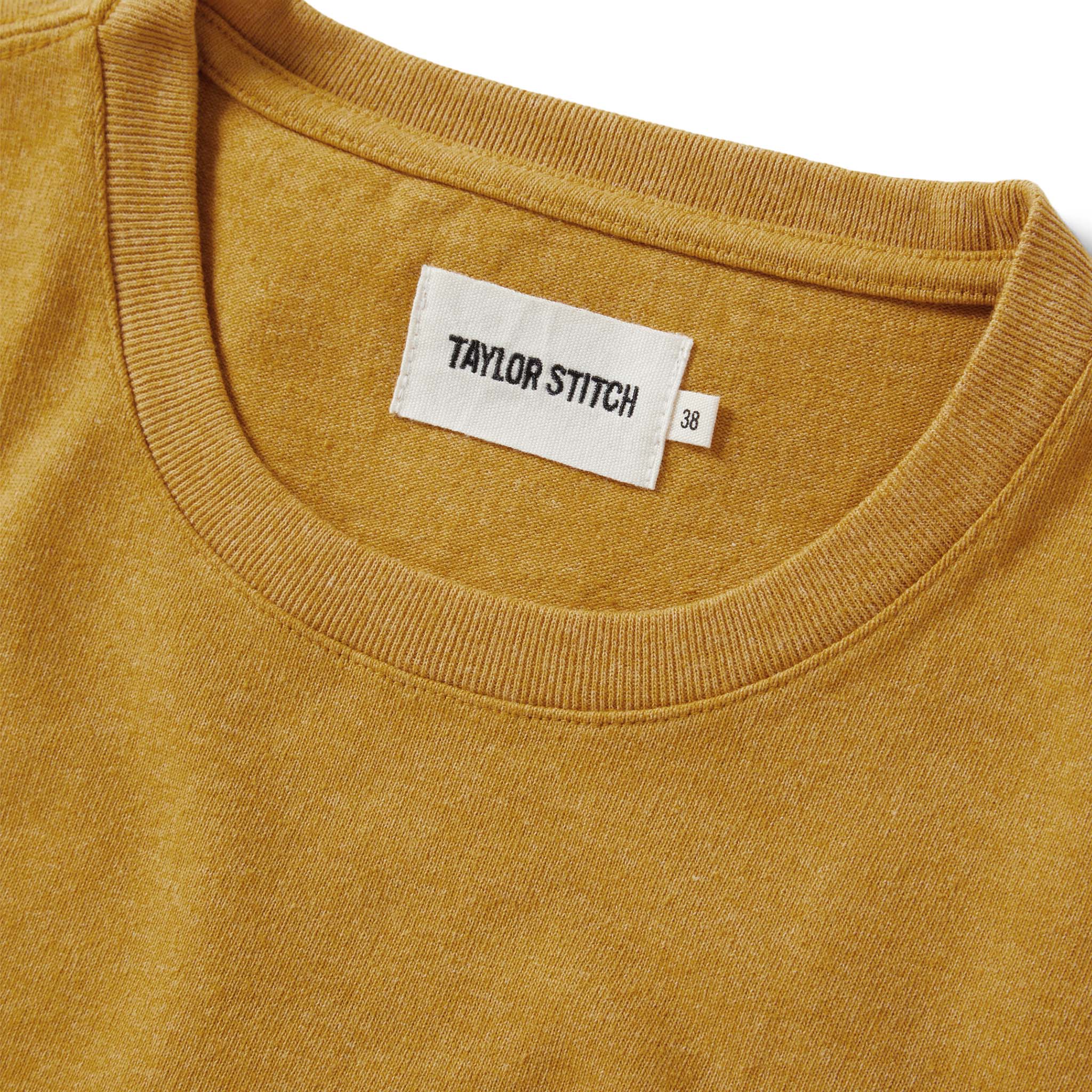 material shot of the collar on The Heavy Bag Tee in Honey, Knits by Taylor Stitch