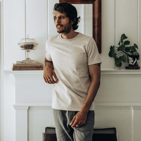 fit model wearing The Heavy Bag Tee in Oatmeal