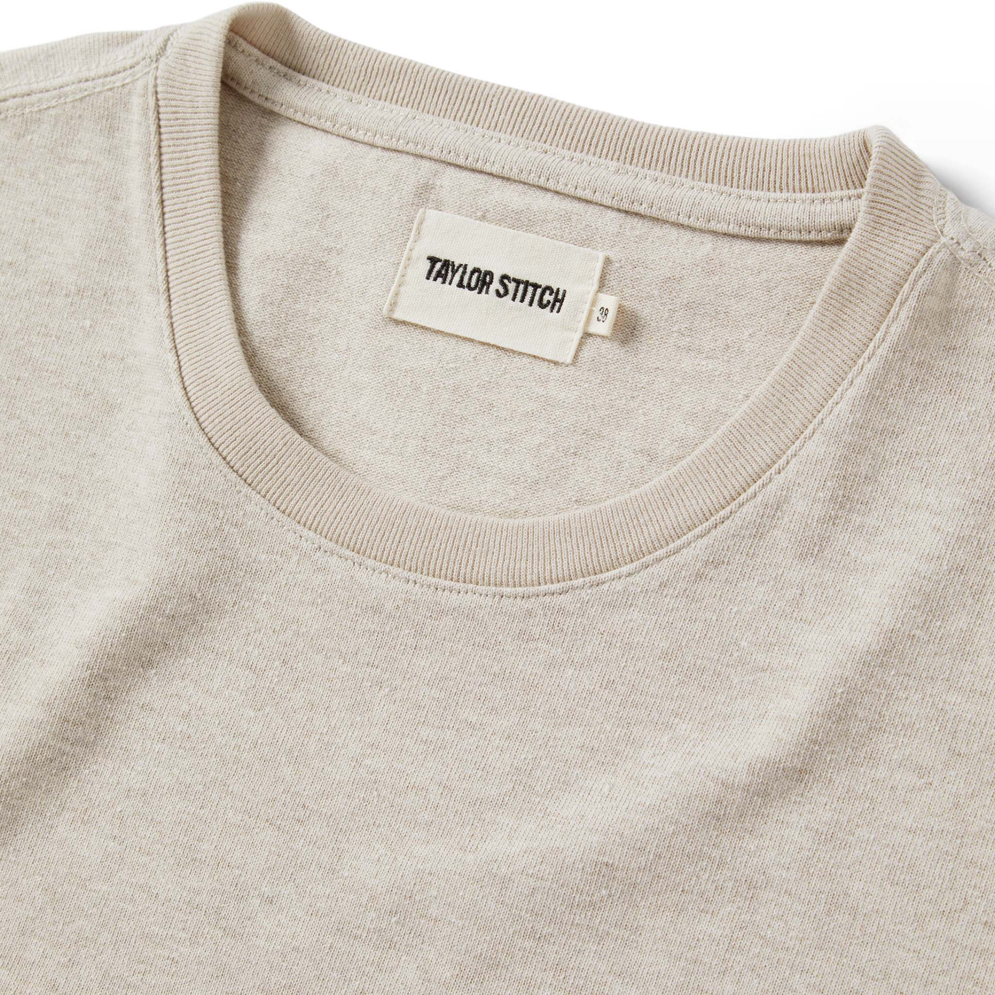 material shot of the collar on The Heavy Bag Tee in Oatmeal, Knits by Taylor Stitch