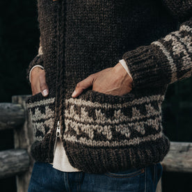 fit model with his hands in his pockets of The Seawall Hand-Knit Sweater in Mahogany