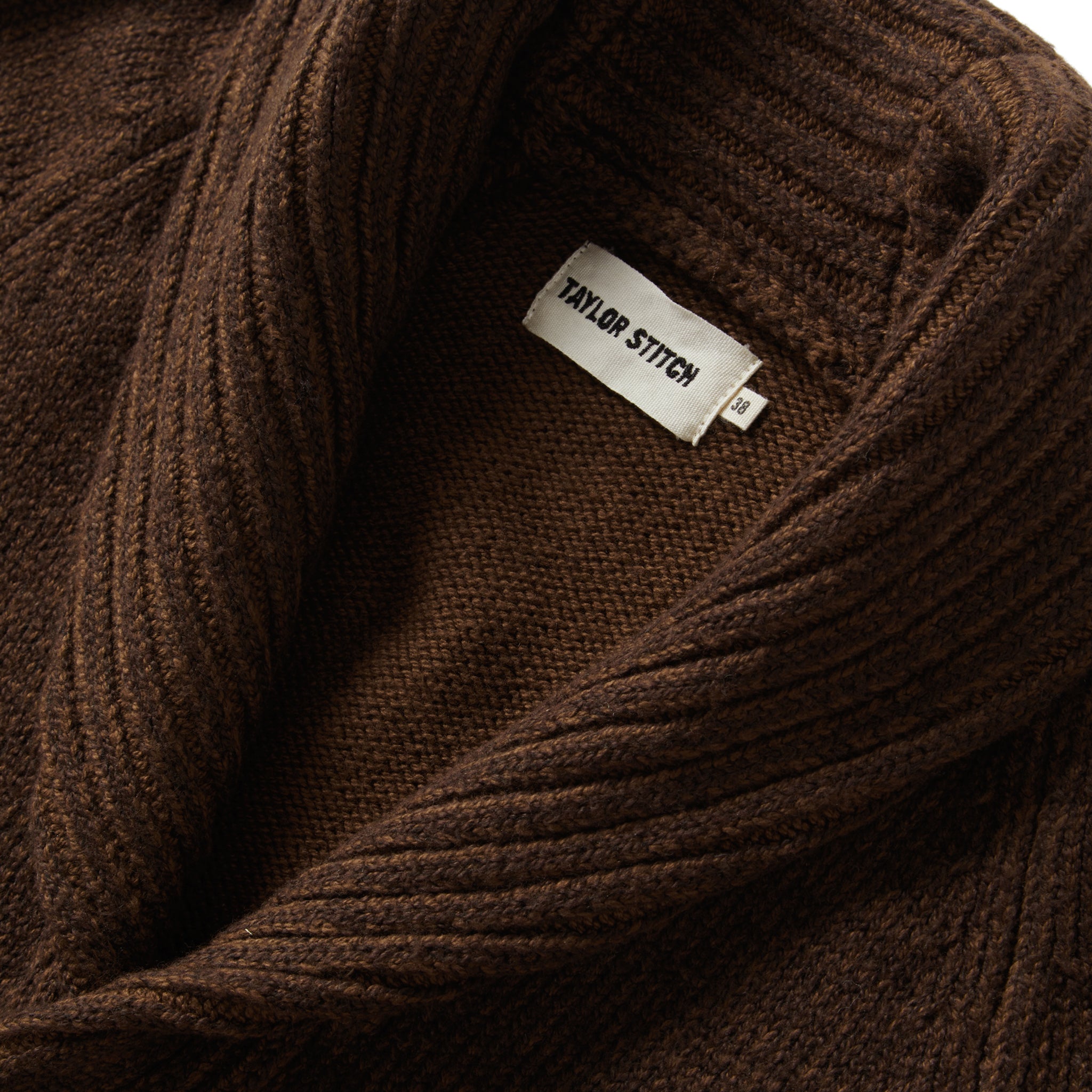 material shot of the collar on The Headland Shawl Cardigan in Marled Chocolate, Knits by Taylor Stitch