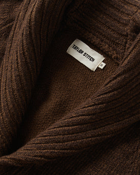 material shot of the collar on The Headland Shawl Cardigan in Marled Chocolate, Knits by Taylor Stitch