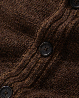 material shot of the buttons on The Headland Shawl Cardigan in Marled Chocolate, Knits by Taylor Stitch