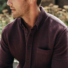 fit model showing off button detail on The Jack in Burgundy Jaspe Waffle