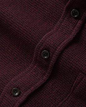 material shot of the buttons on The Jack in Burgundy Jaspe Waffle, Wovens by Taylor Stitch