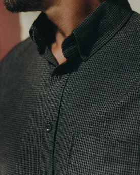 fit model showing off button details on The Jack in Coal Jaspe Check Oxford, Wovens by Taylor Stitch
