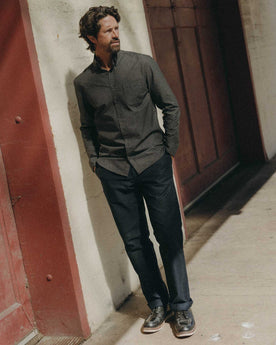 fit model showing the bottom of The Jack in Coal Jaspe Check Oxford, Wovens by Taylor Stitch