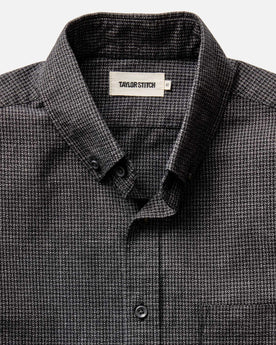 material shot of the collar on The Jack in Coal Jaspe Check Oxford, Wovens by Taylor Stitch