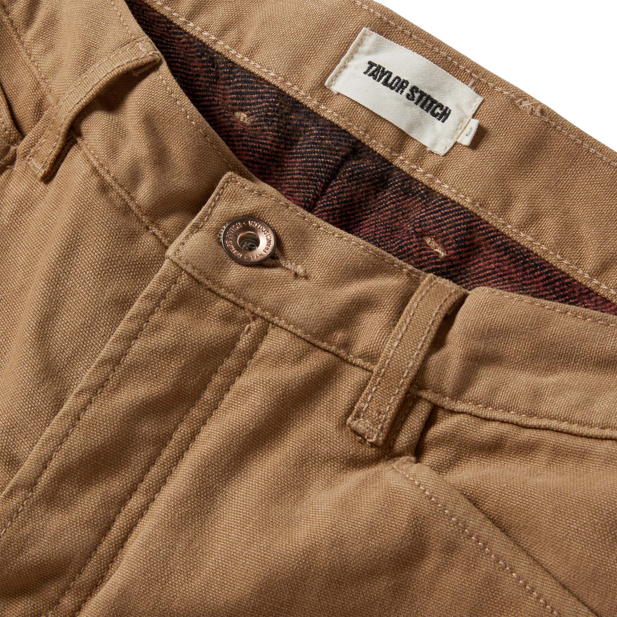 material shot of the waistband on The Lined Chore Pant in Tobacco Boss Duck, Bottoms by Taylor Stitch