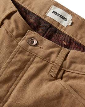 material shot of the waistband on The Lined Chore Pant in Tobacco Boss Duck, Bottoms by Taylor Stitch