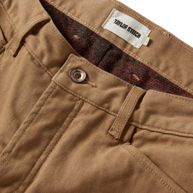 material shot of the waistband on The Lined Chore Pant in Tobacco Boss Duck