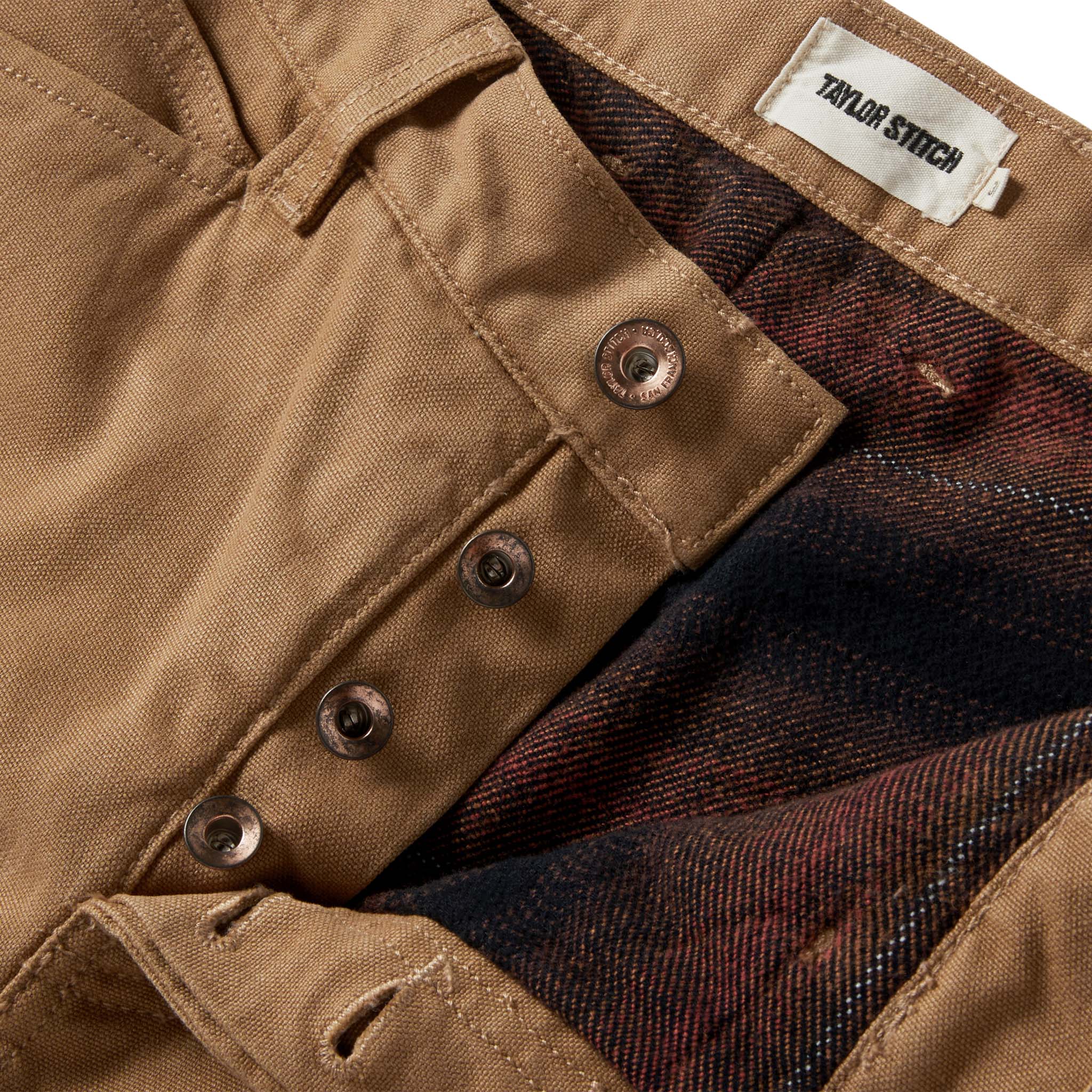 material shot of the button fly on The Lined Chore Pant in Tobacco Boss Duck, Bottoms by Taylor Stitch