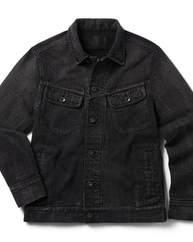 flatlay of The Long Haul Jacket in Black 3-Month Wash Selvage, Outerwear by Taylor Stitch