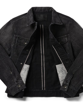 flatlay of The Long Haul Jacket in Black 3-Month Wash Selvage open, Outerwear by Taylor Stitch
