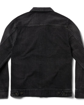 flatlay of the back of The Long Haul Jacket in Black 3-Month Wash Selvage, Outerwear by Taylor Stitch