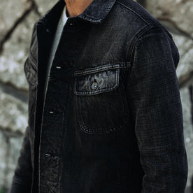 fit model showing off porkcets on The Long Haul Jacket in Black 3-Month Wash Selvage