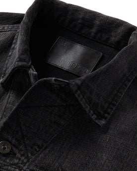 material shot of the collar on The Long Haul Jacket in Black 3-Month Wash Selvage, Outerwear by Taylor Stitch