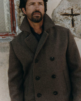 fit model wearing The Mariner Coat in Sable Melton Wool, Outerwear by Taylor Stitch