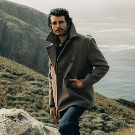 fit model wearing The Mariner Coat in Sable Melton Wool