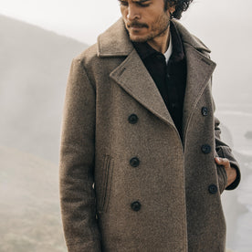 fit model showing the front of The Mariner Coat in Sable Melton Wool